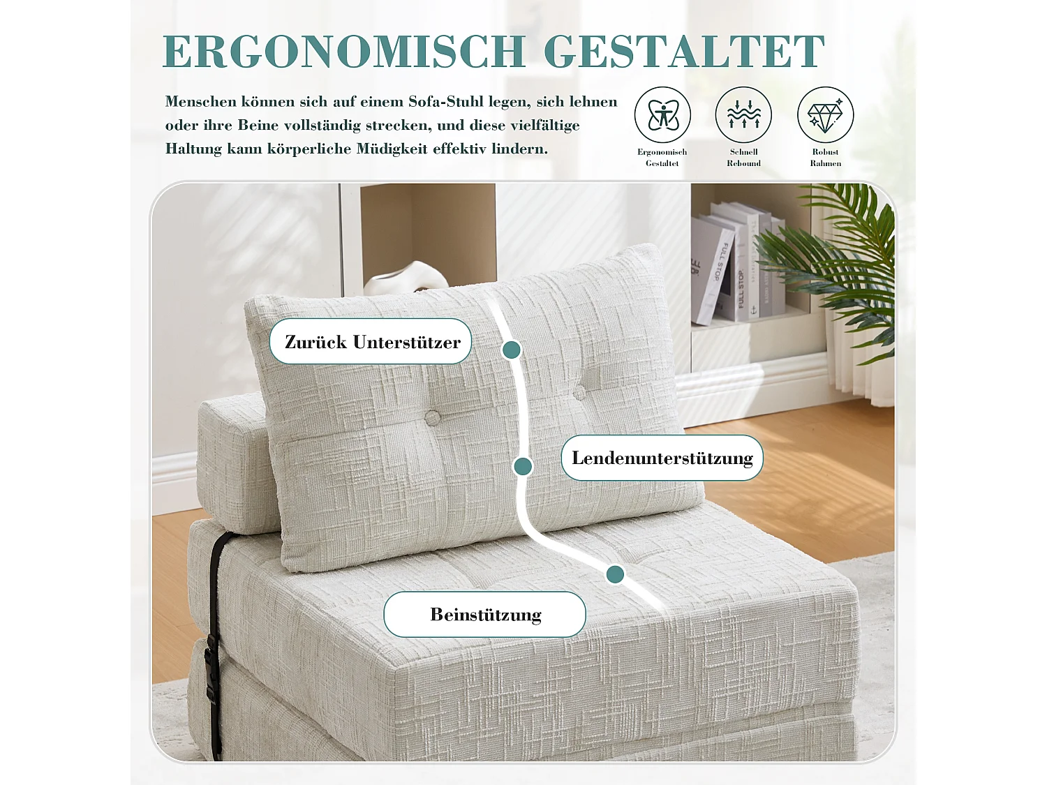 Opvouwbare slaapbank met kussens, opvouwbaar matras met rugleuning, comfortabele draagbare bank, beige (79x79x57 cm)