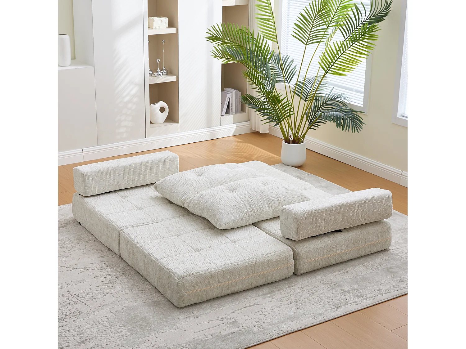 Opvouwbare slaapbank met kussens, opvouwbaar matras met rugleuning, comfortabele draagbare bank, beige (79x79x57 cm)