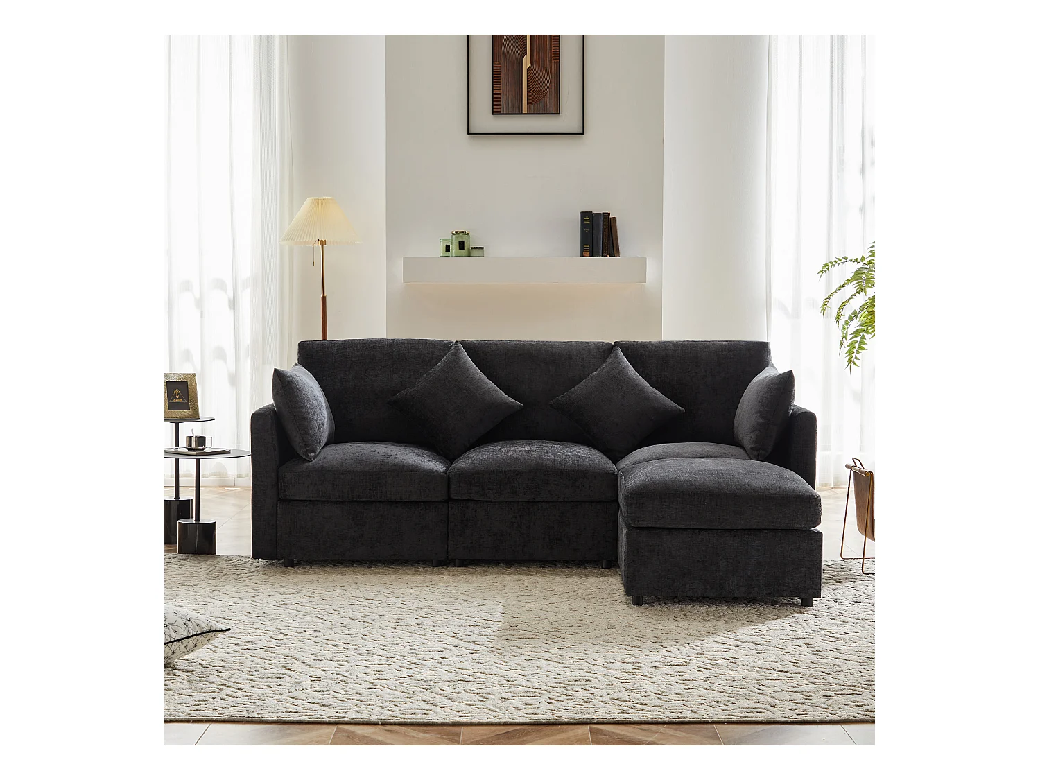 Canapé d'angle L, 4 places, en tissu chenille, avec pouf, gris (216x161x81 cm)