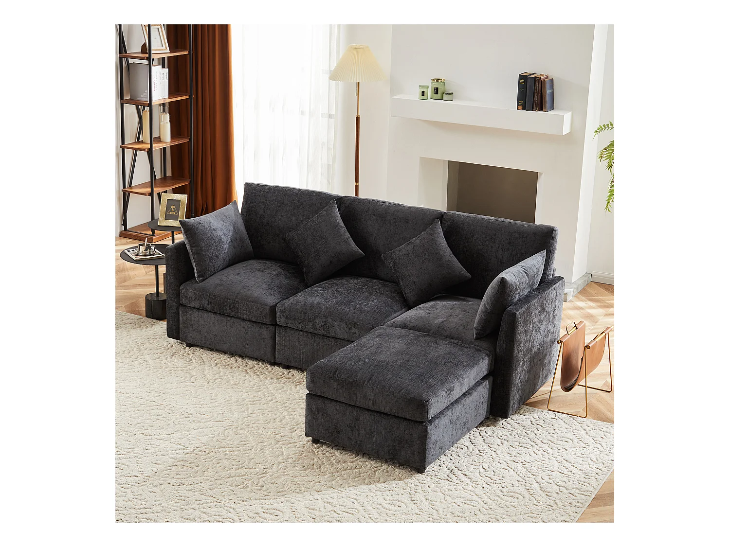 Canapé d'angle L, 4 places, en tissu chenille, avec pouf, gris (216x161x81 cm)