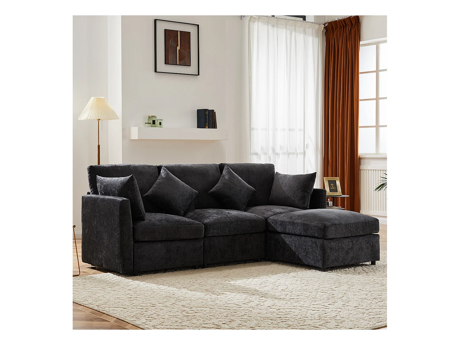 Canapé d'angle L, 4 places, en tissu chenille, avec pouf, gris (216x161x81 cm)