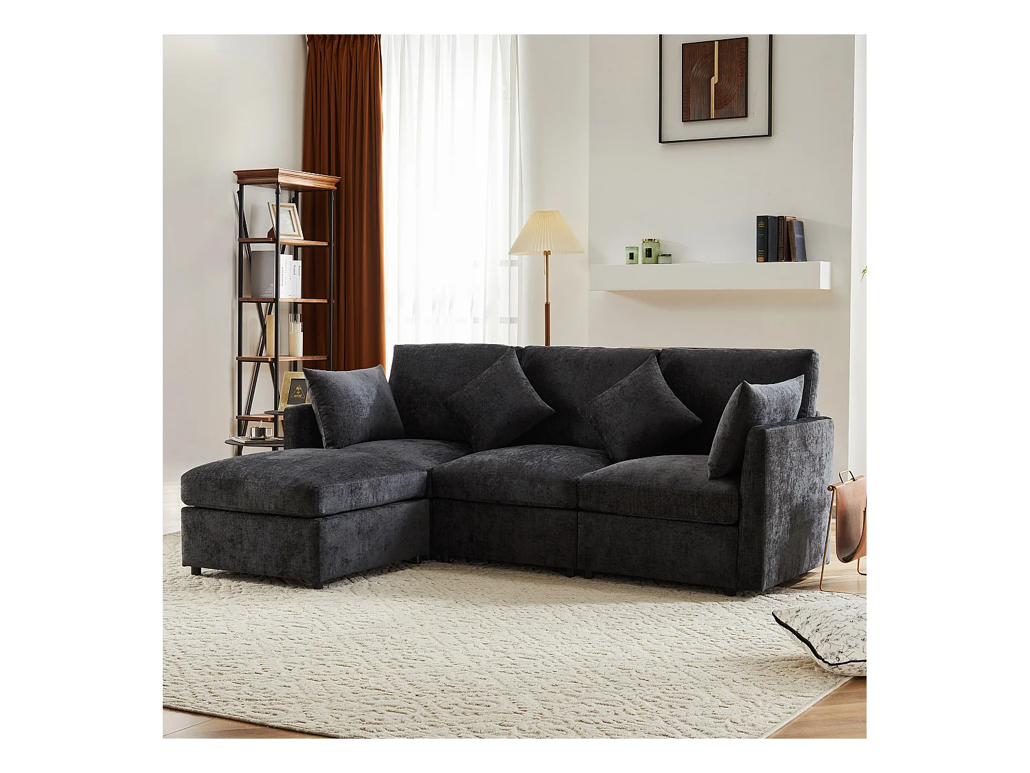 Canapé d'angle L, 4 places, en tissu chenille, avec pouf, gris (216x161x81 cm)