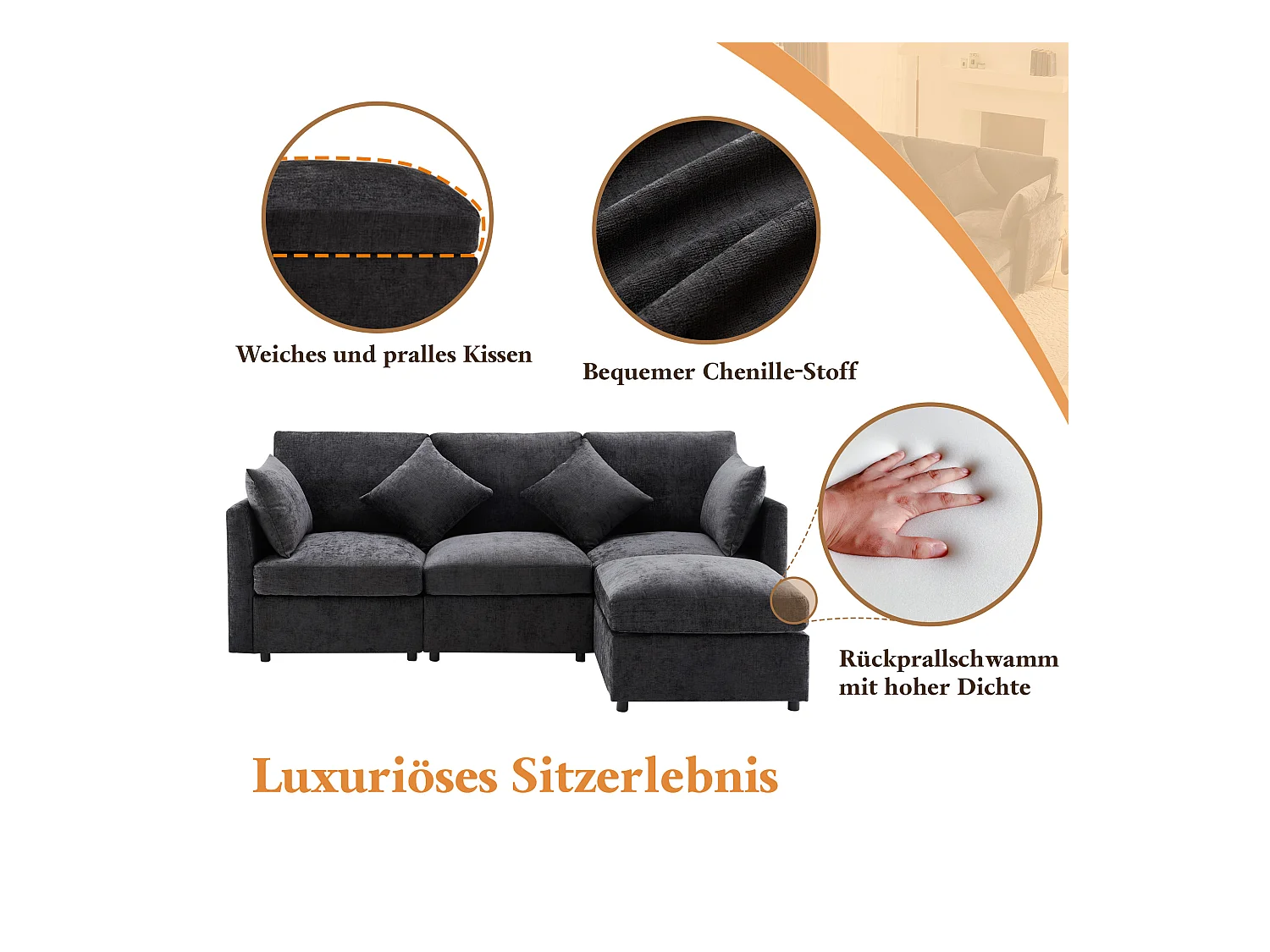 Canapé d'angle L, 4 places, en tissu chenille, avec pouf, gris (216x161x81 cm)