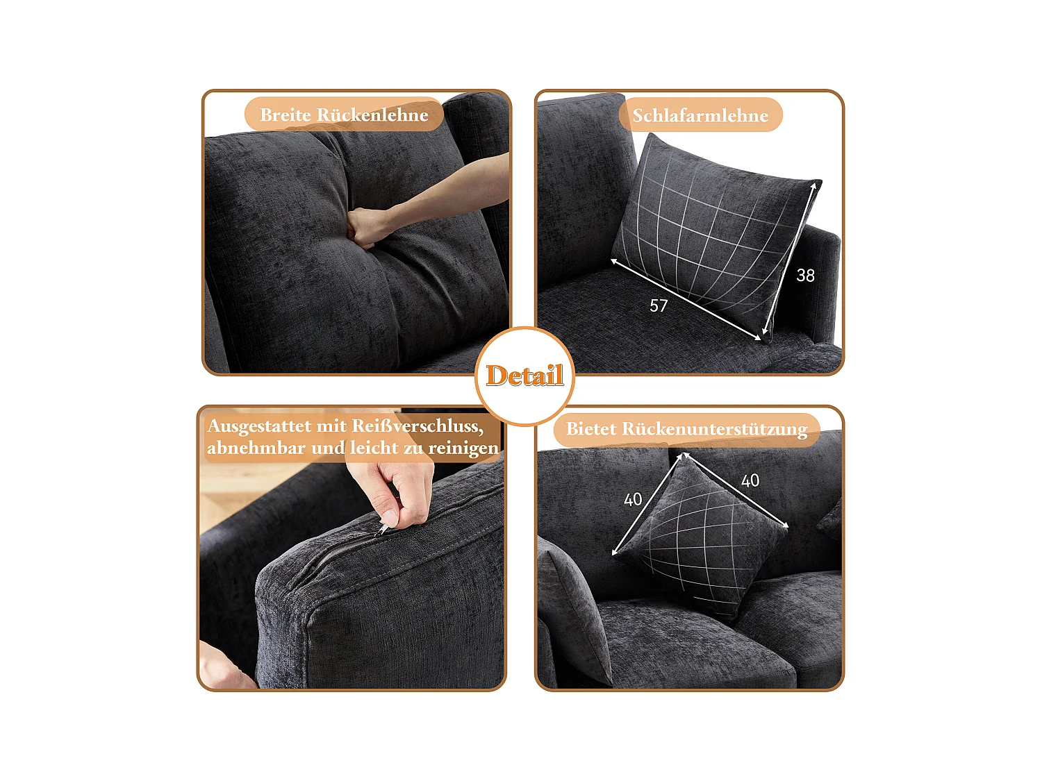 Canapé d'angle L, 4 places, en tissu chenille, avec pouf, gris (216x161x81 cm)