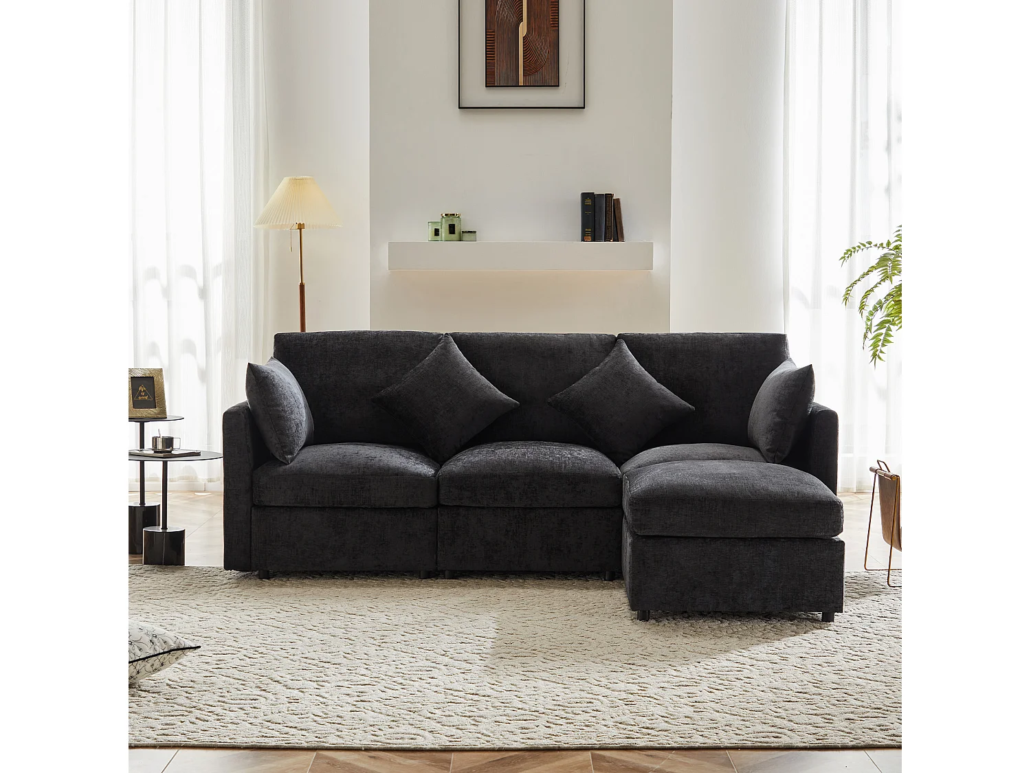 Canapé d'angle L, 4 places, en tissu chenille, avec pouf, gris (216x161x81 cm)