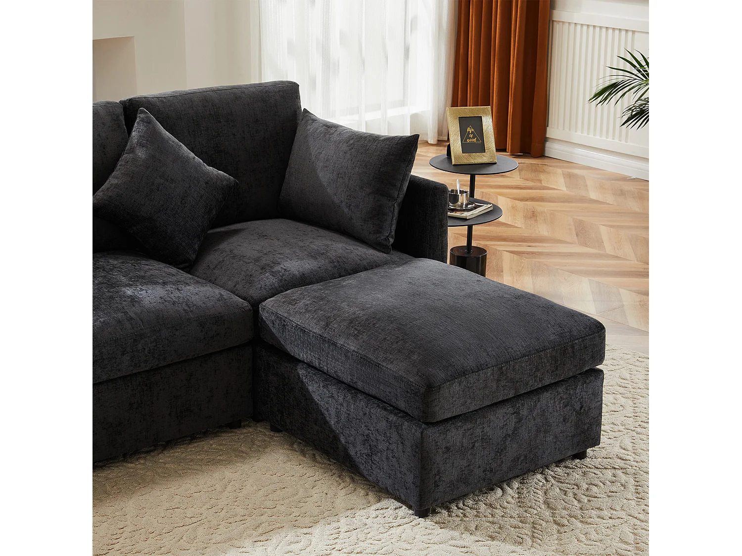 Canapé d'angle L, 4 places, en tissu chenille, avec pouf, gris (216x161x81 cm)