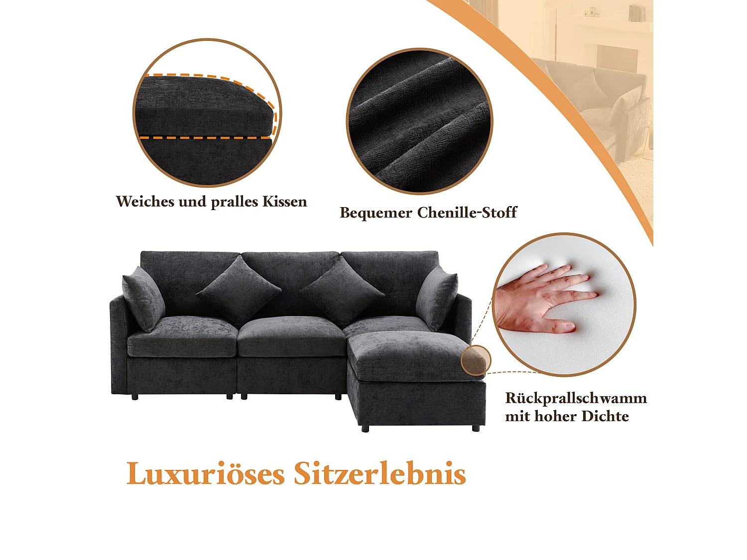 Canapé d'angle L, 4 places, en tissu chenille, avec pouf, gris (216x161x81 cm)