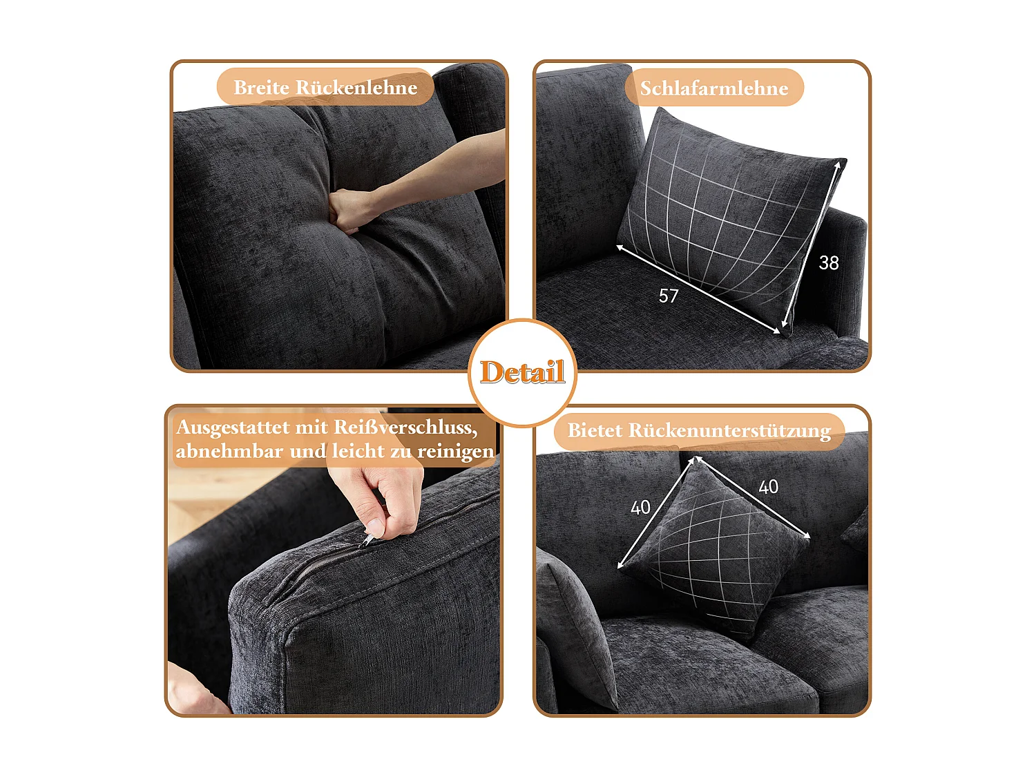 Canapé d'angle L, 4 places, en tissu chenille, avec pouf, gris (216x161x81 cm)