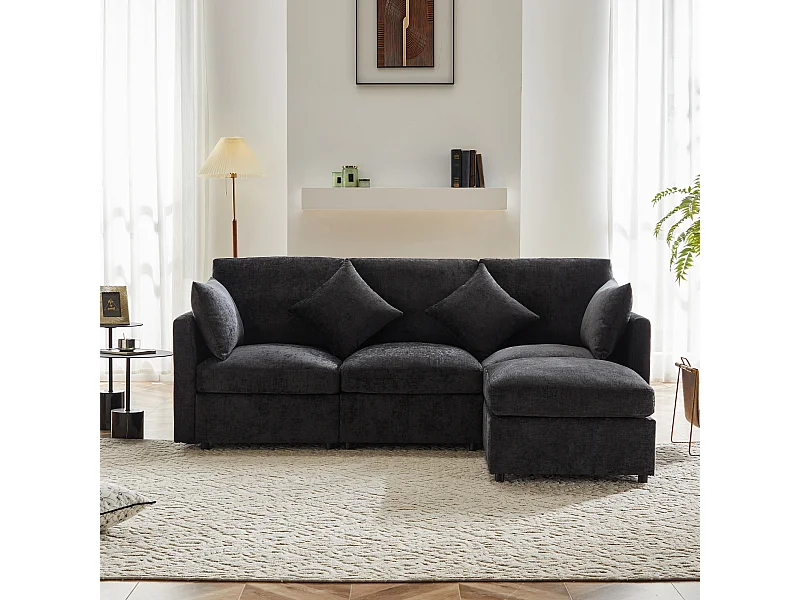 Canapé d'angle L, 4 places, en tissu chenille, avec pouf, gris (216x161x81 cm)