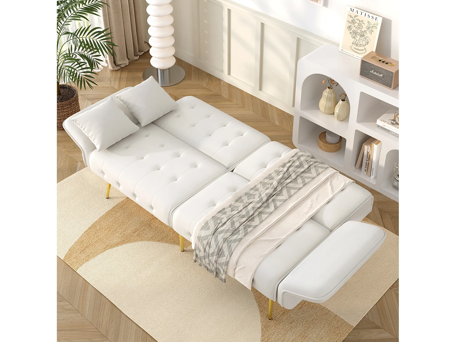 2-zits slaapbank met verstelbare rugleuning en modulaire armleuningen, beige fluwelen stof, moderne slaapbank (178x82x70 cm)