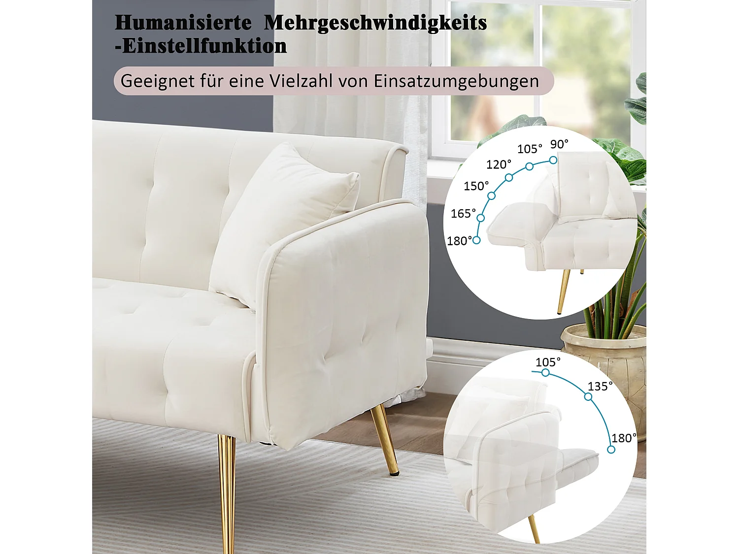 2-zits slaapbank met verstelbare rugleuning en modulaire armleuningen, beige fluwelen stof, moderne slaapbank (178x82x70 cm)