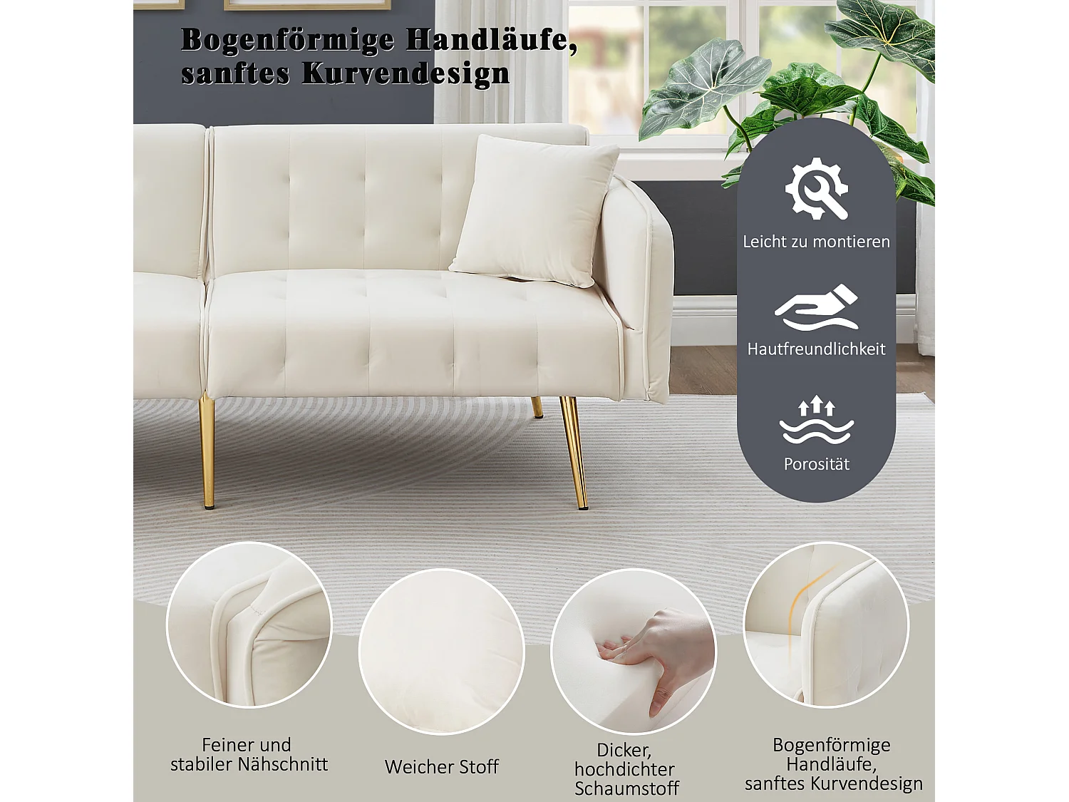 2-zits slaapbank met verstelbare rugleuning en modulaire armleuningen, beige fluwelen stof, moderne slaapbank (178x82x70 cm)