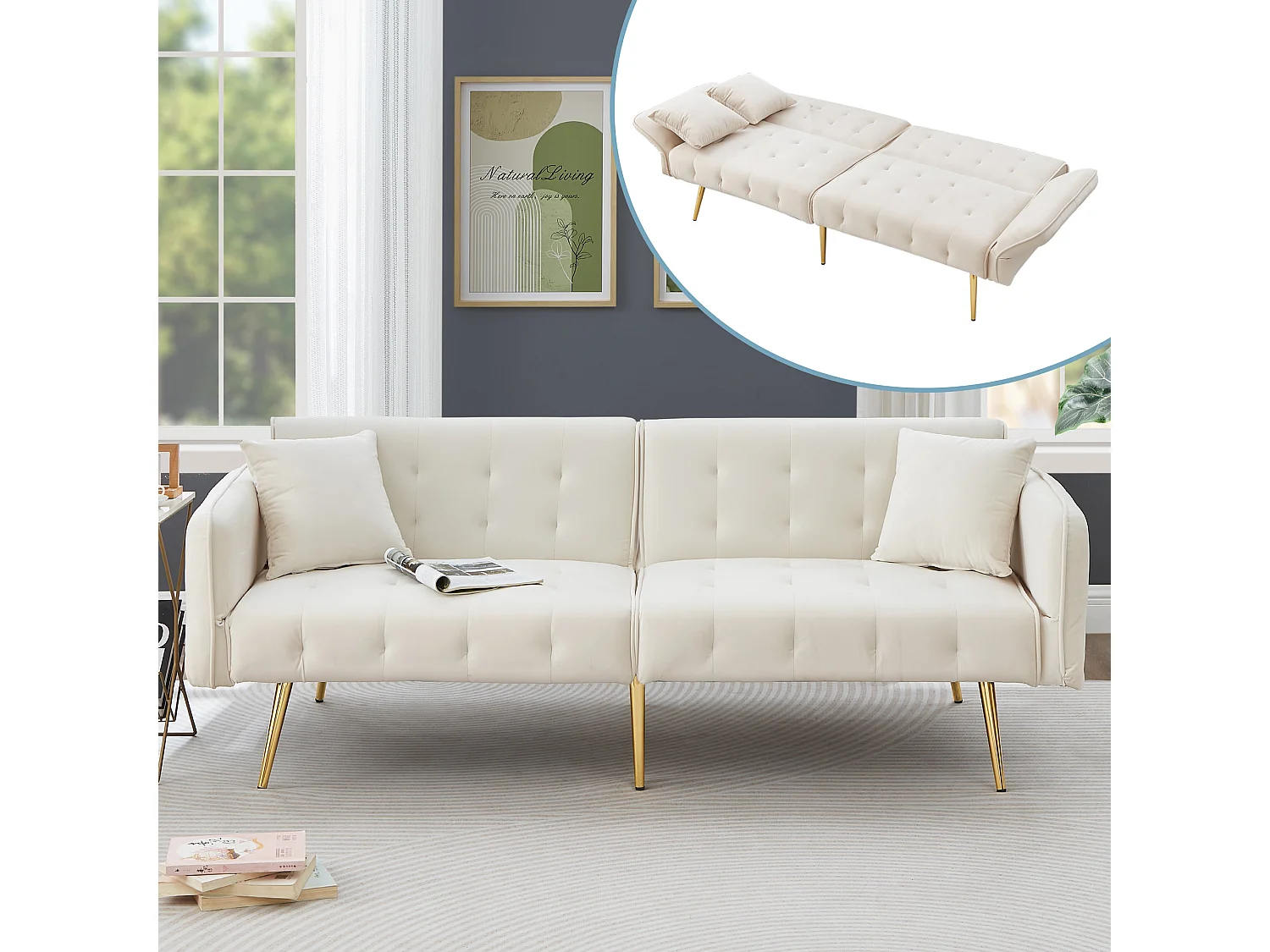 2-zits slaapbank met verstelbare rugleuning en modulaire armleuningen, beige fluwelen stof, moderne slaapbank (178x82x70 cm)