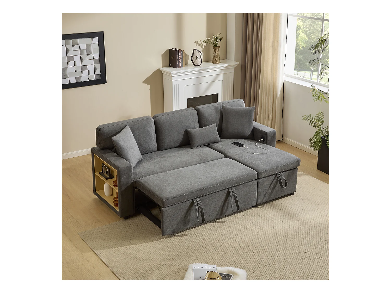 Canapé d'angle convertible, tissu Oxford gris, avec espace de rangement et prise USB (214x131x87 cm)