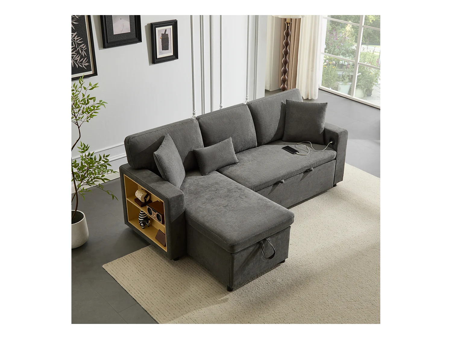 Canapé d'angle convertible, tissu Oxford gris, avec espace de rangement et prise USB (214x131x87 cm)