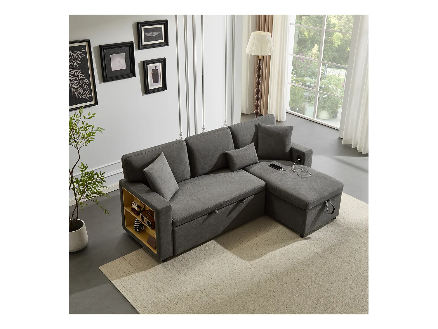 Canapé d'angle convertible, tissu Oxford gris, avec espace de rangement et prise USB (214x131x87 cm)
