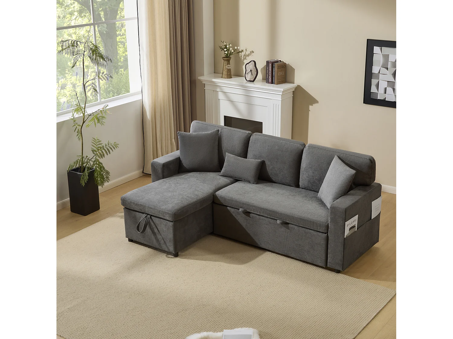 Canapé d'angle convertible, tissu Oxford gris, avec espace de rangement et prise USB (214x131x87 cm)