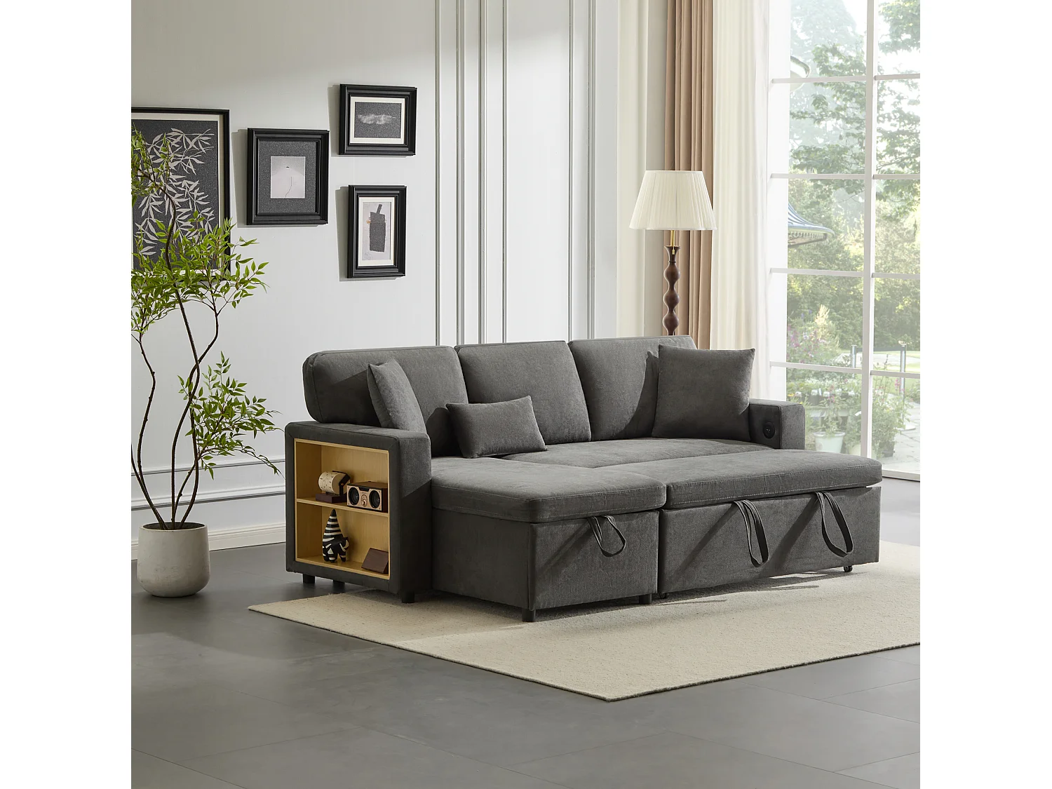 Canapé d'angle convertible, tissu Oxford gris, avec espace de rangement et prise USB (214x131x87 cm)