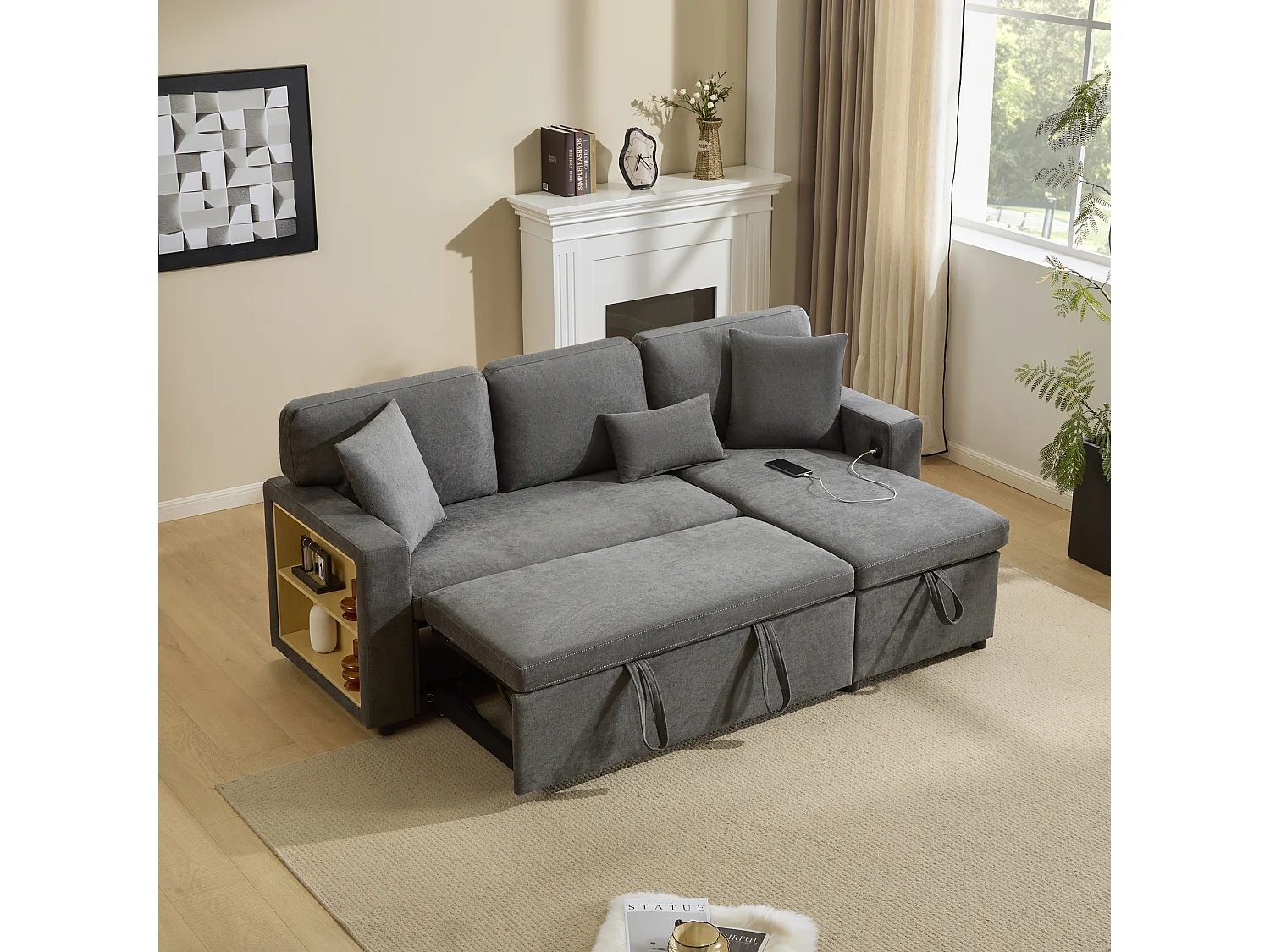 Canapé d'angle convertible, tissu Oxford gris, avec espace de rangement et prise USB (214x131x87 cm)