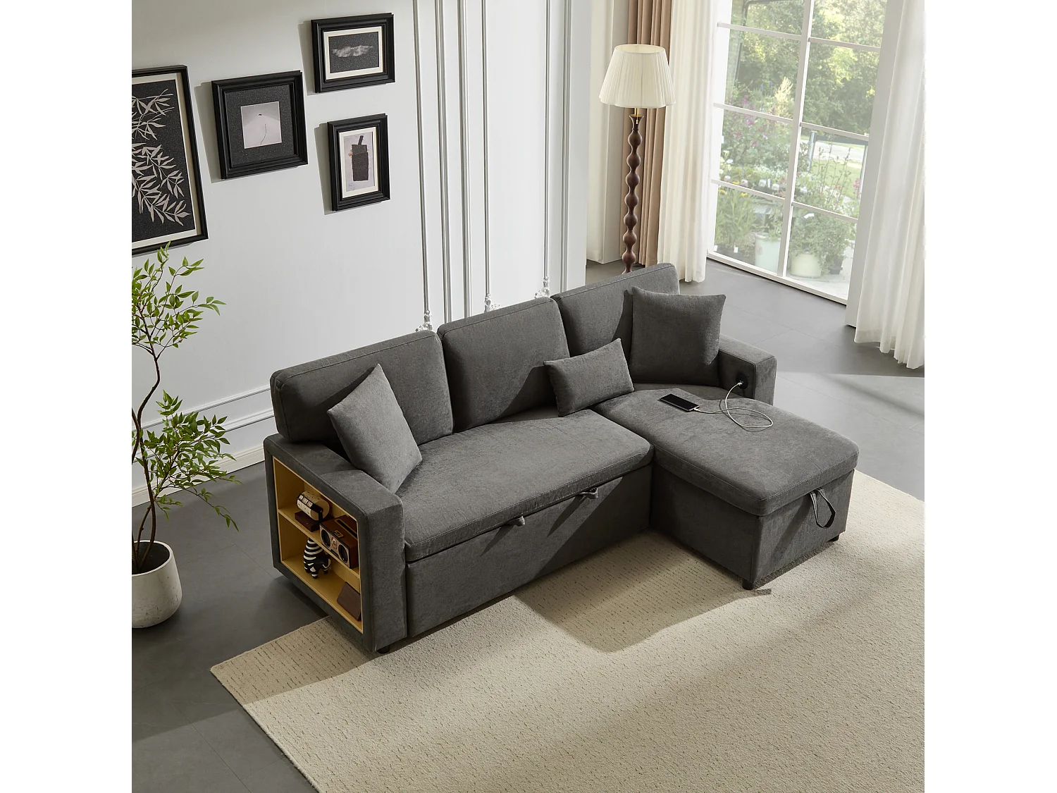 Canapé d'angle convertible, tissu Oxford gris, avec espace de rangement et prise USB (214x131x87 cm)