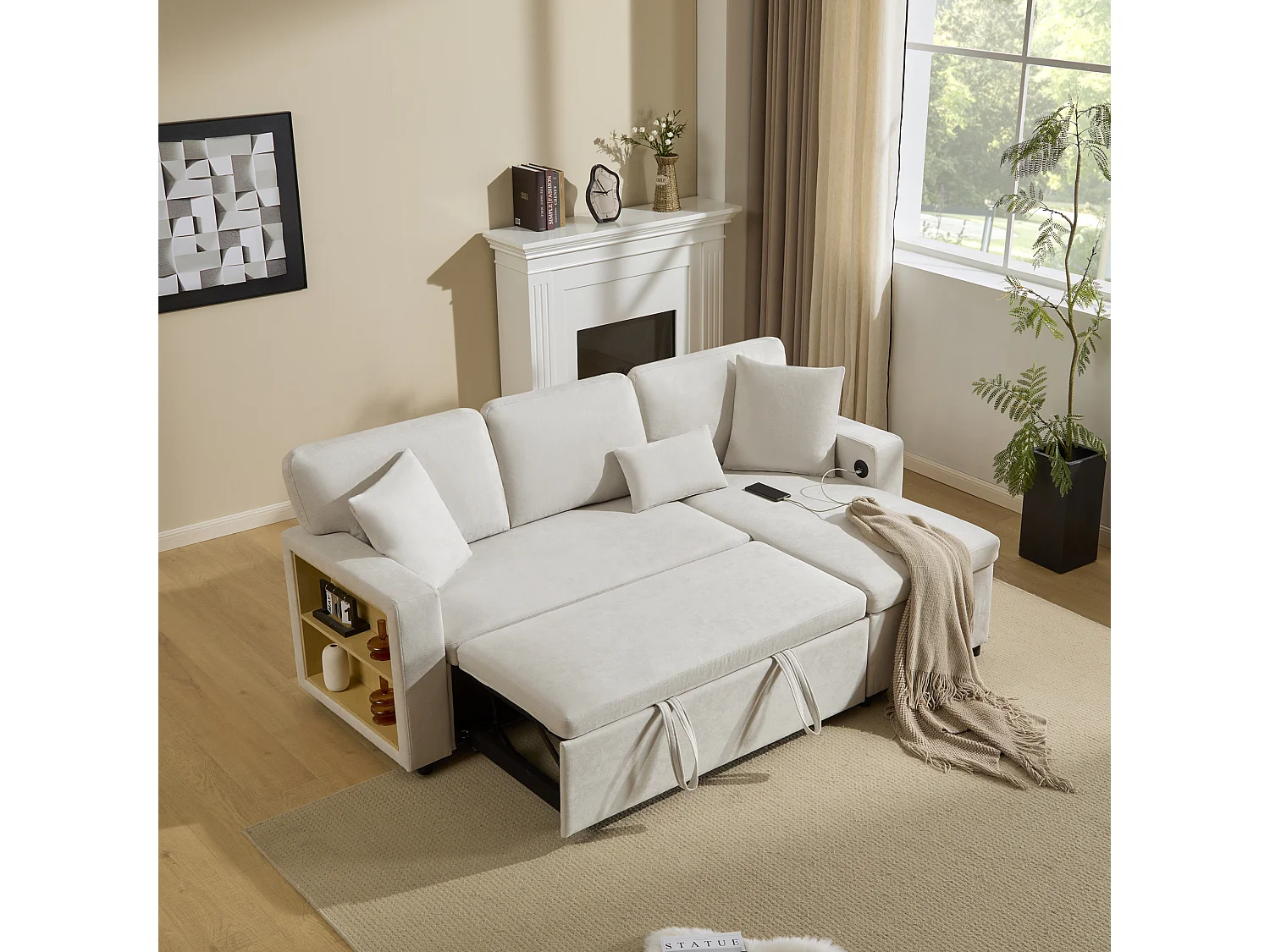 Canapé d'angle convertible, tissu flanelle beige, avec rangement intégré et prise USB (214x131x87 cm)