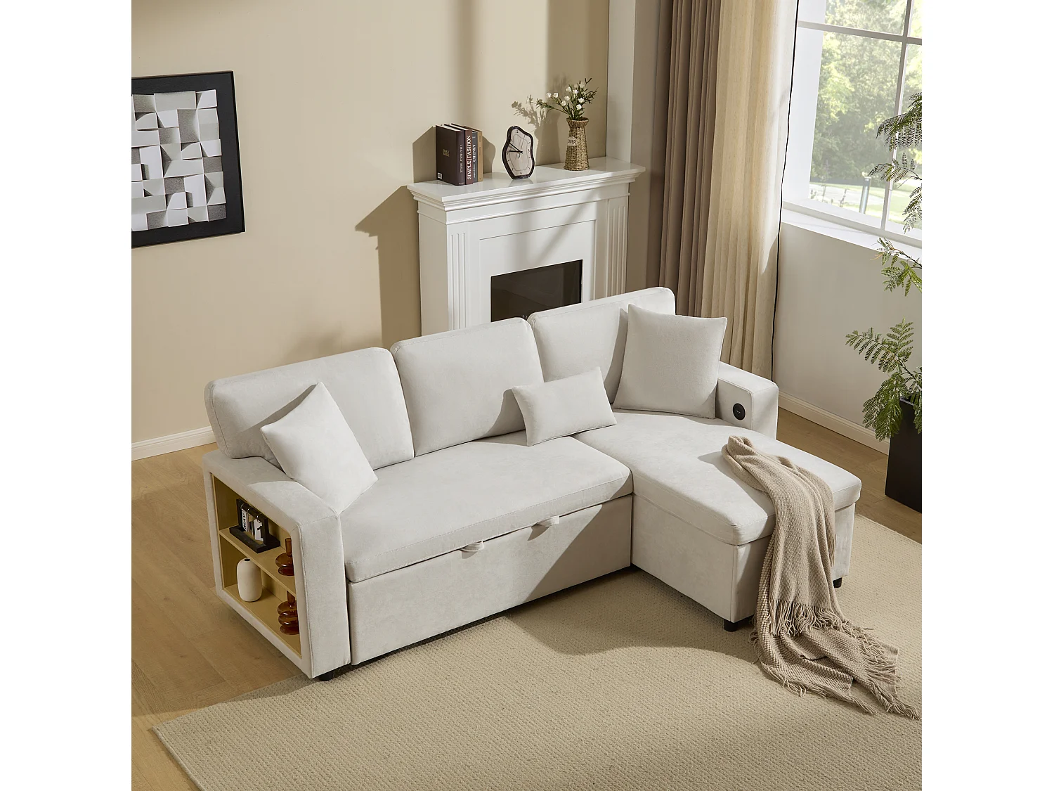 Canapé d'angle convertible, tissu flanelle beige, avec rangement intégré et prise USB (214x131x87 cm)