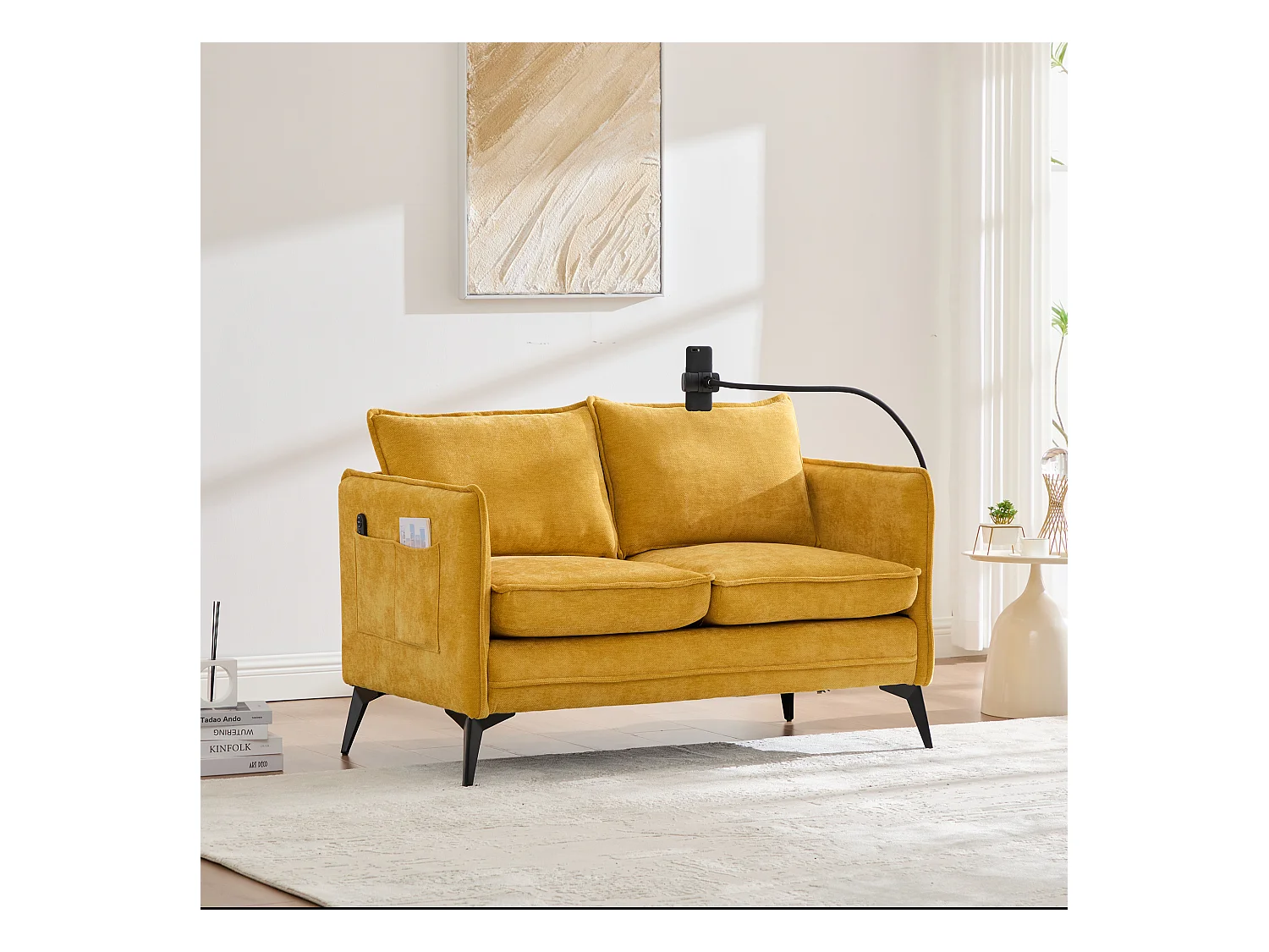Canapé 2 places avec rangement, support téléphone réglable, tissu chenille, jaune (127x69x66 cm)