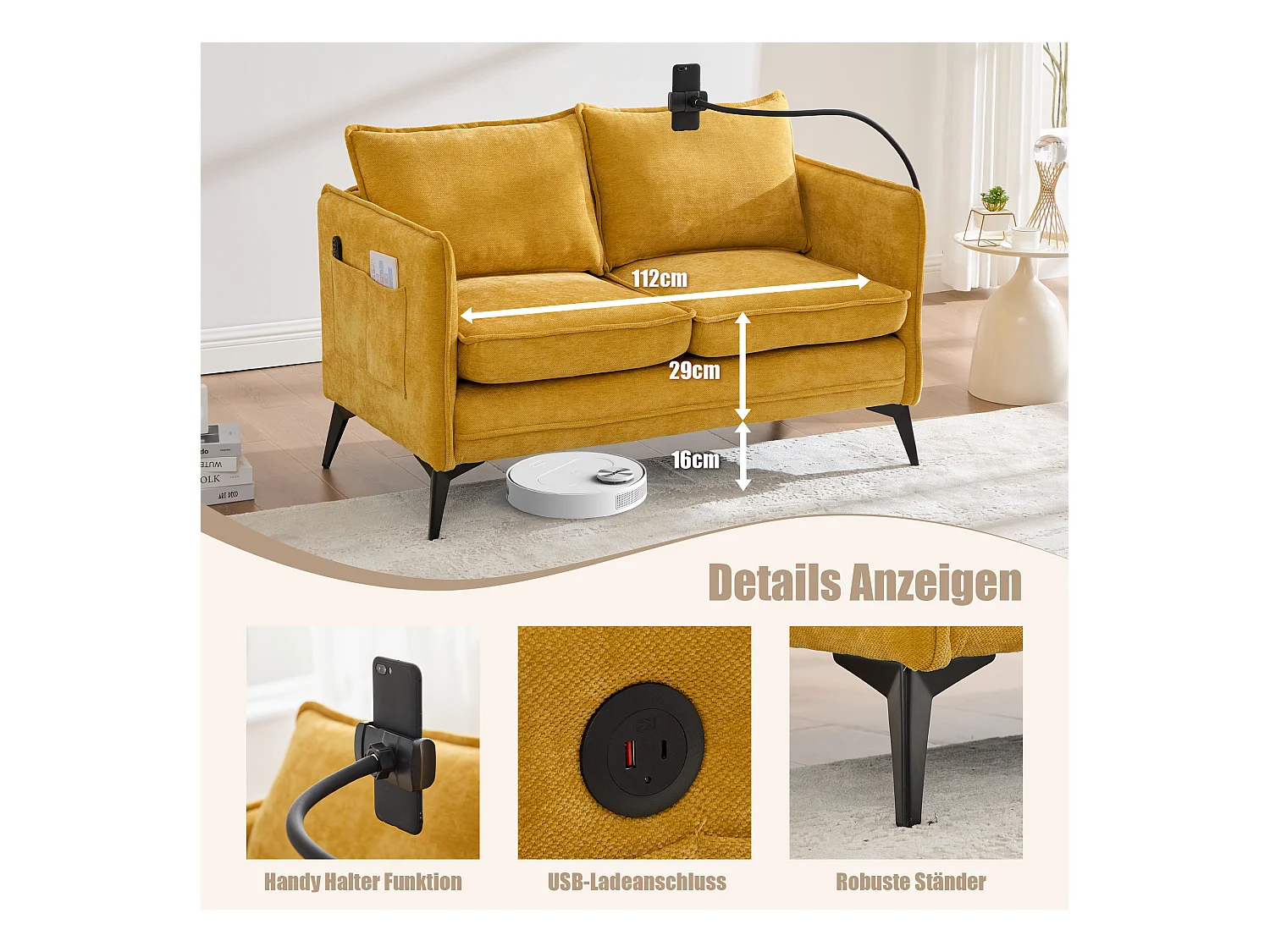 Canapé 2 places avec rangement, support téléphone réglable, tissu chenille, jaune (127x69x66 cm)