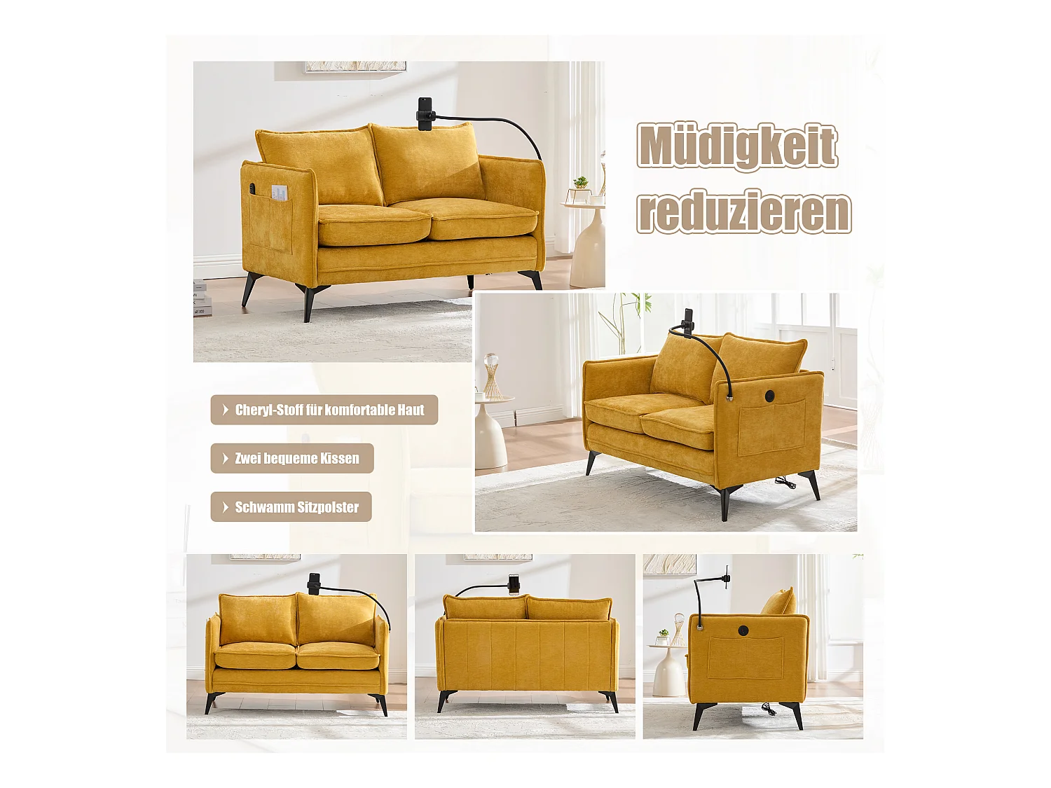 Canapé 2 places avec rangement, support téléphone réglable, tissu chenille, jaune (127x69x66 cm)