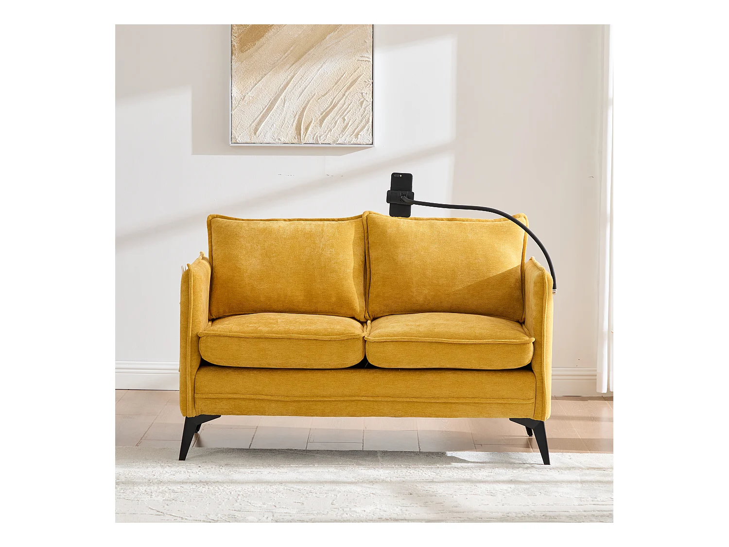 Canapé 2 places avec rangement, support téléphone réglable, tissu chenille, jaune (127x69x66 cm)