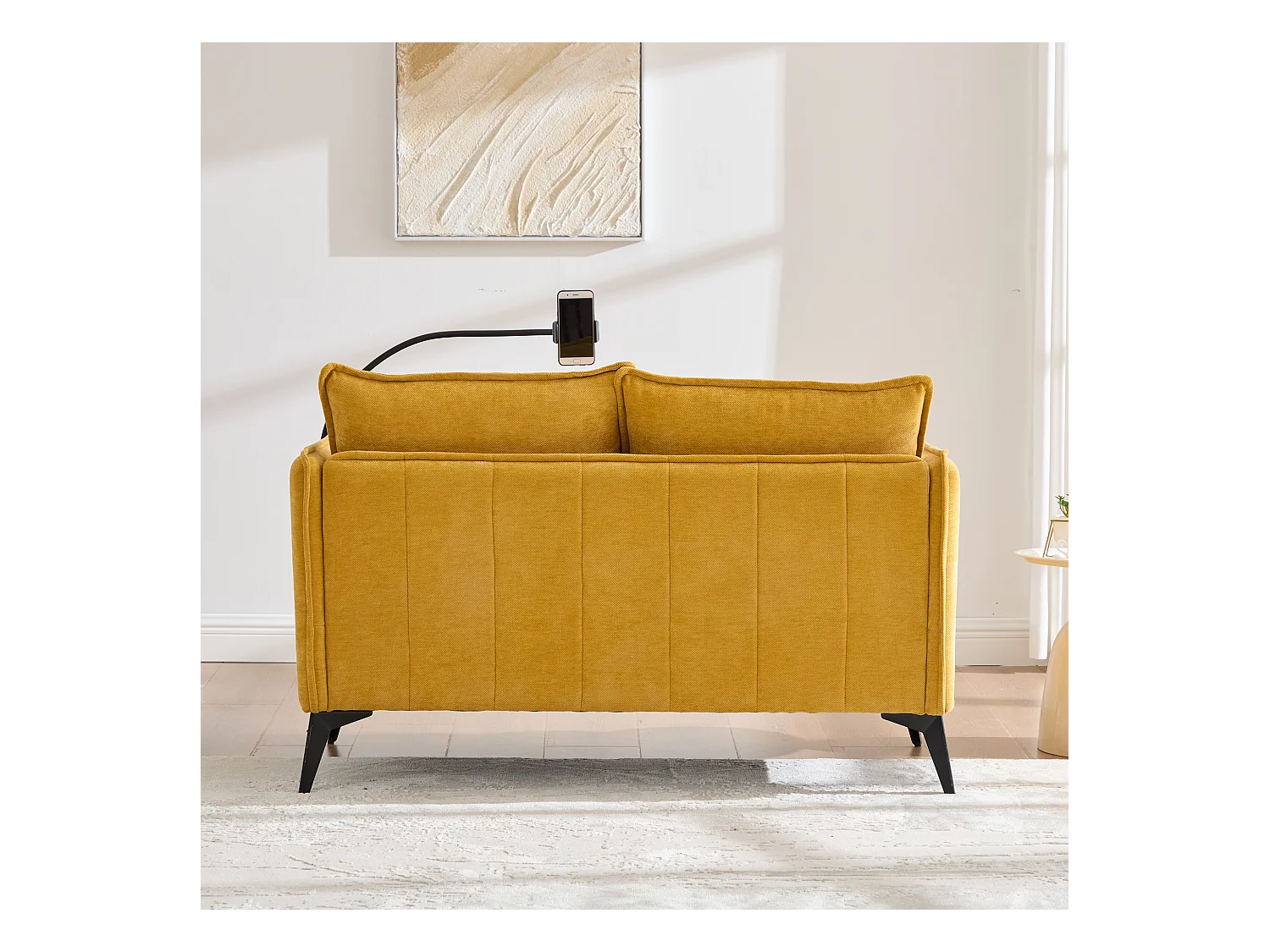 Canapé 2 places avec rangement, support téléphone réglable, tissu chenille, jaune (127x69x66 cm)