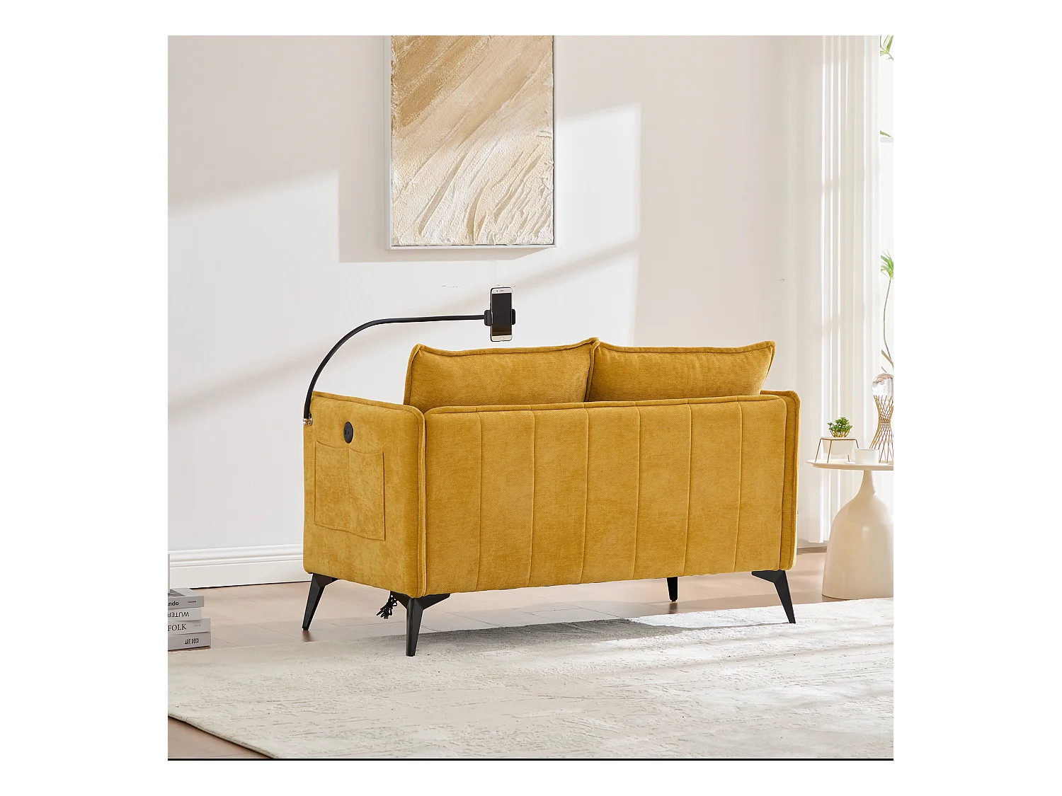 Canapé 2 places avec rangement, support téléphone réglable, tissu chenille, jaune (127x69x66 cm)