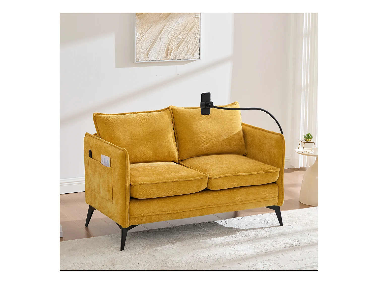 Canapé 2 places avec rangement, support téléphone réglable, tissu chenille, jaune (127x69x66 cm)