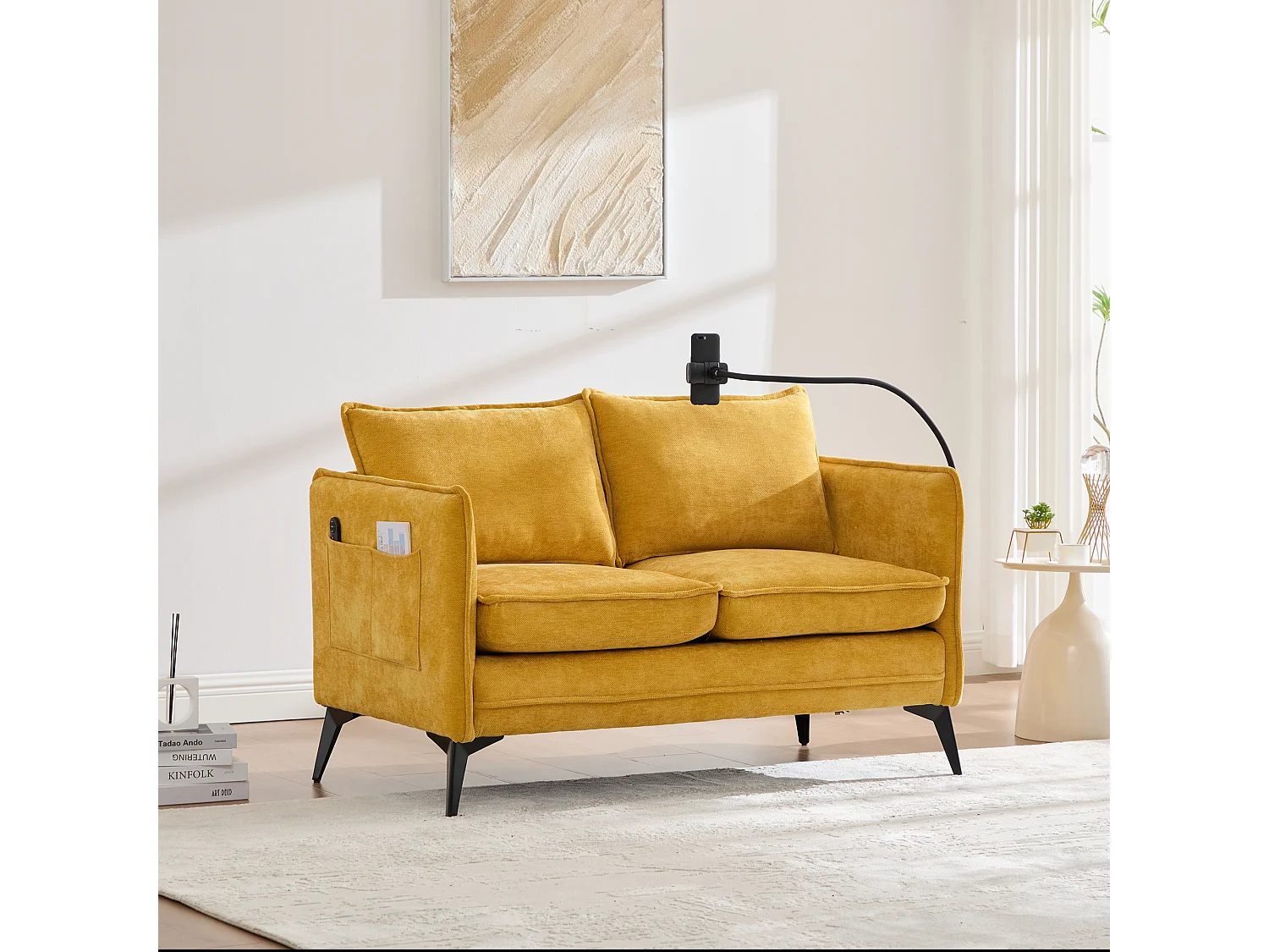 2-zitsbank met opbergruimte, verstelbare telefoonhouder, chenillestof, geel (127x69x66 cm)