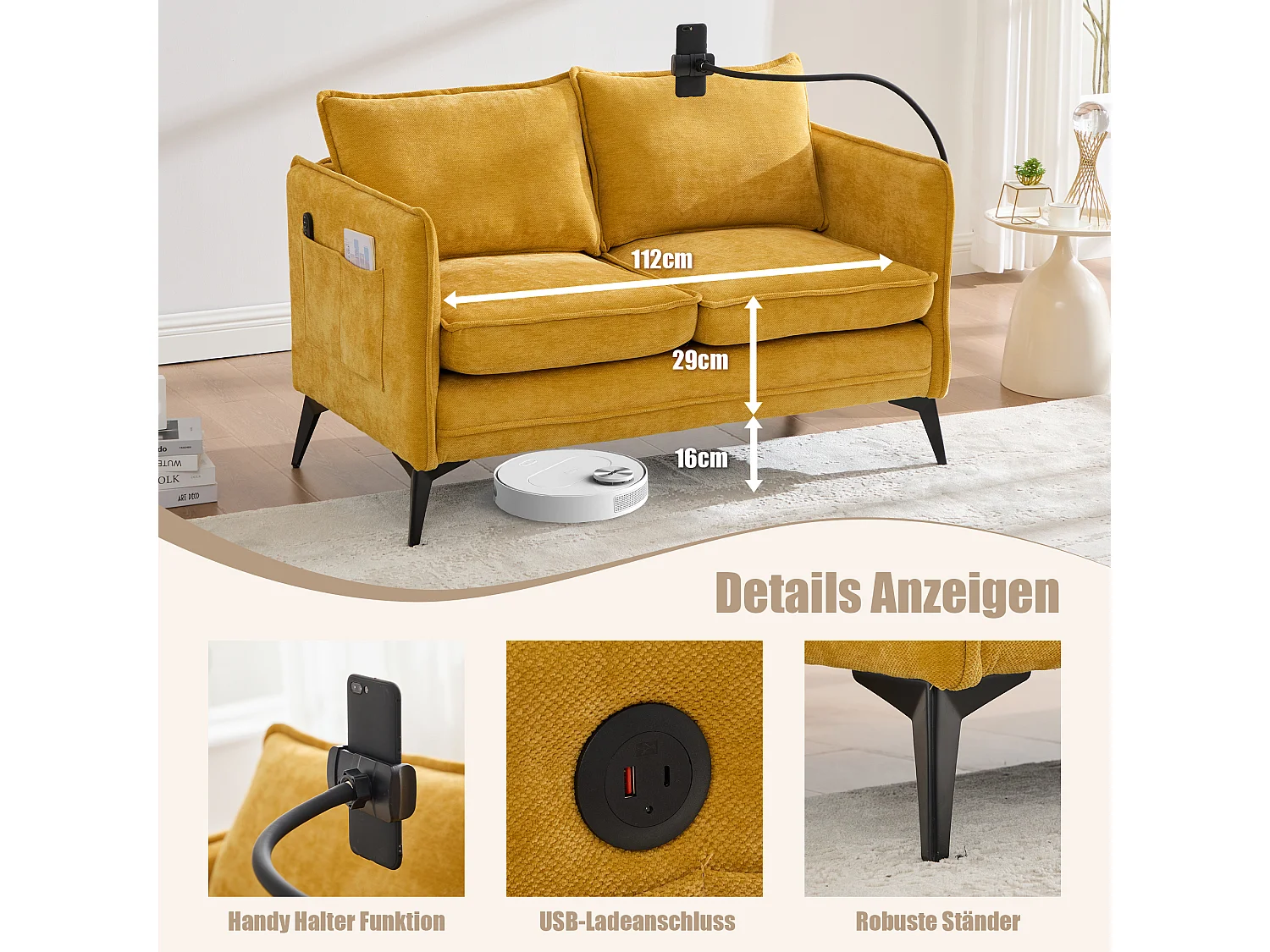 2-zitsbank met opbergruimte, verstelbare telefoonhouder, chenillestof, geel (127x69x66 cm)