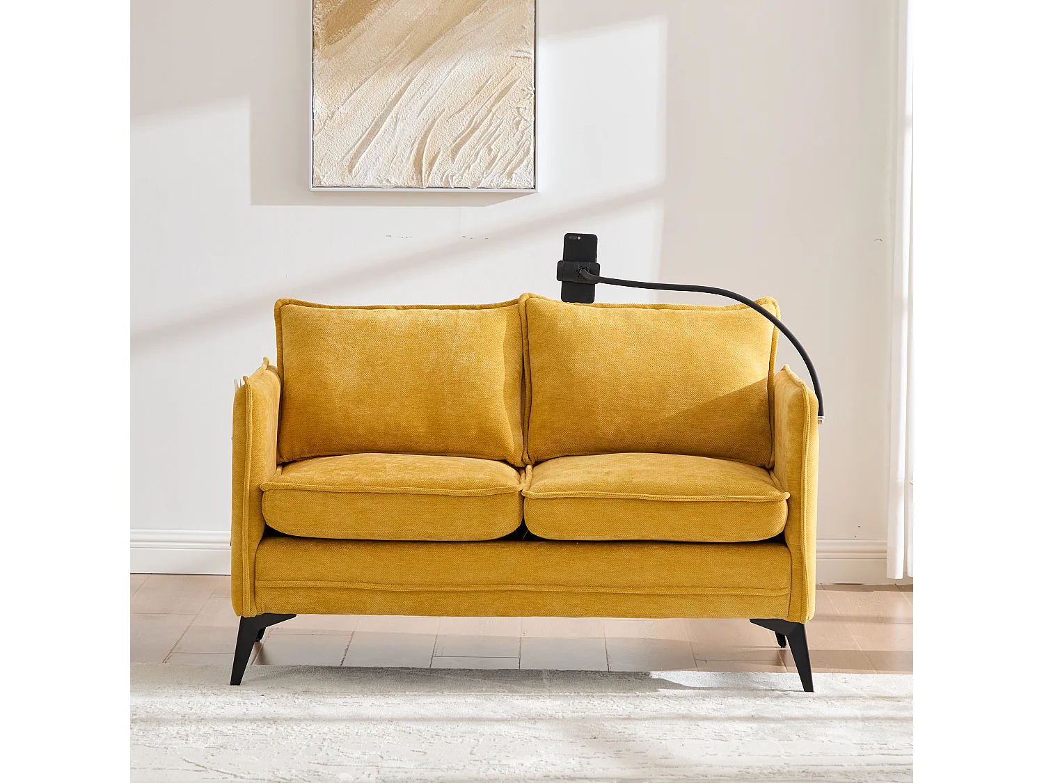 2-zitsbank met opbergruimte, verstelbare telefoonhouder, chenillestof, geel (127x69x66 cm)