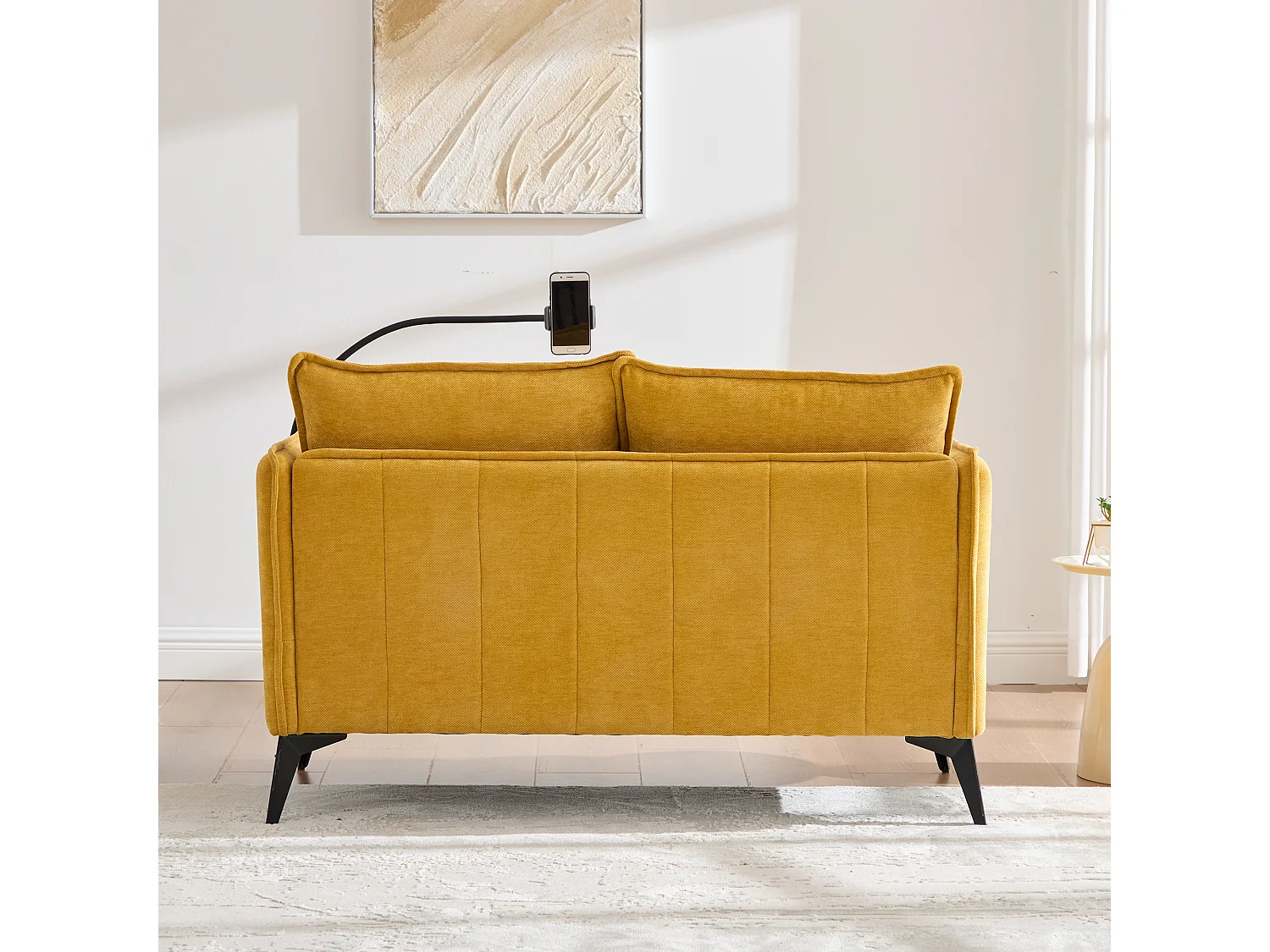 2-zitsbank met opbergruimte, verstelbare telefoonhouder, chenillestof, geel (127x69x66 cm)