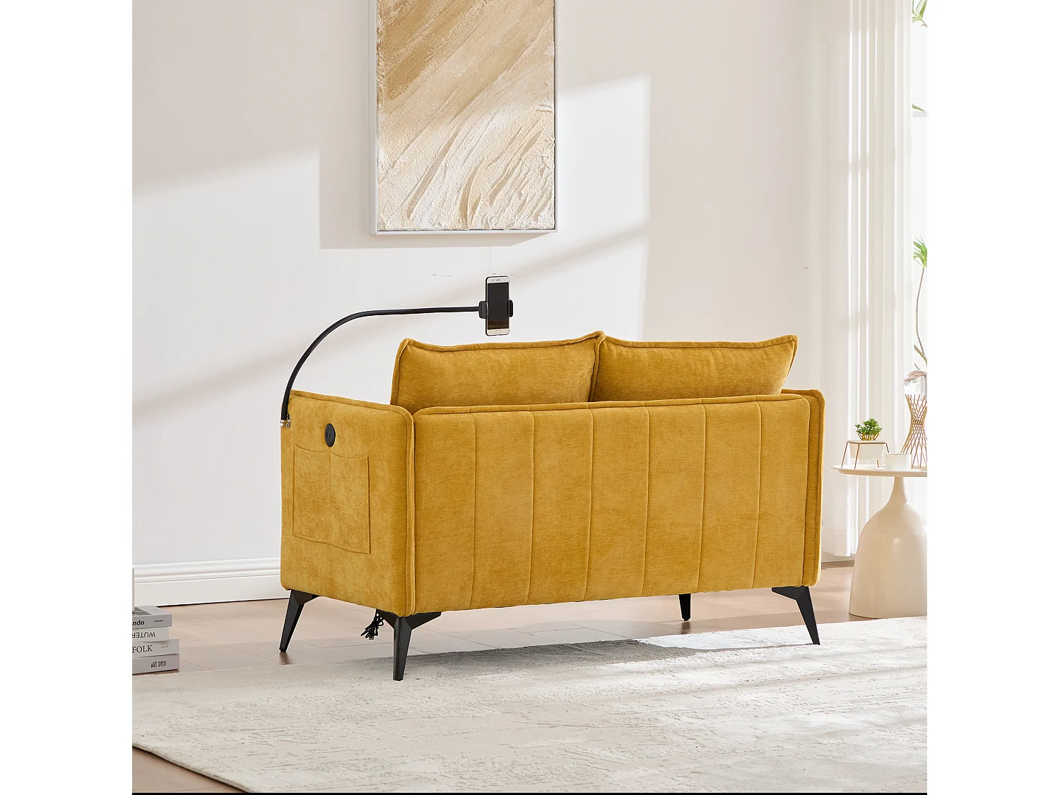 2-zitsbank met opbergruimte, verstelbare telefoonhouder, chenillestof, geel (127x69x66 cm)