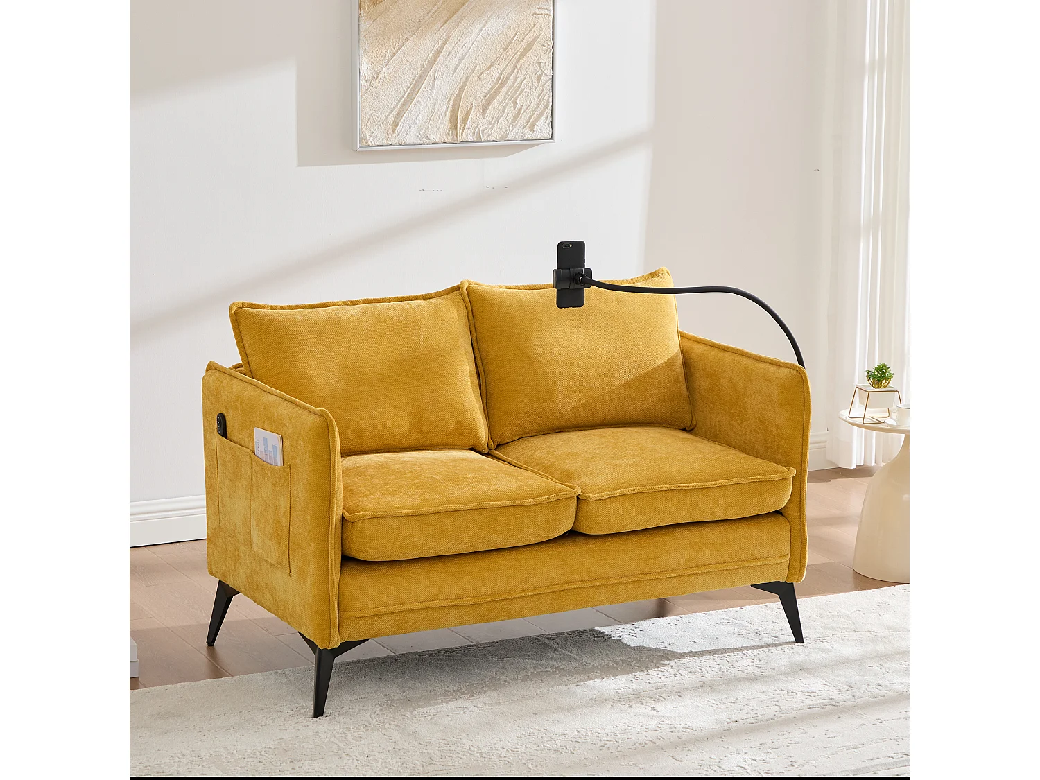 2-zitsbank met opbergruimte, verstelbare telefoonhouder, chenillestof, geel (127x69x66 cm)