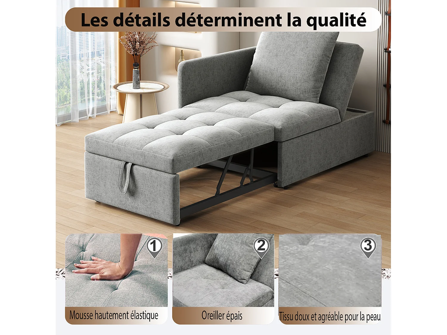 Canapé-lit multifonction 3 en 1 avec dossier réglable, tissu liné, gris (177x68x65 cm)