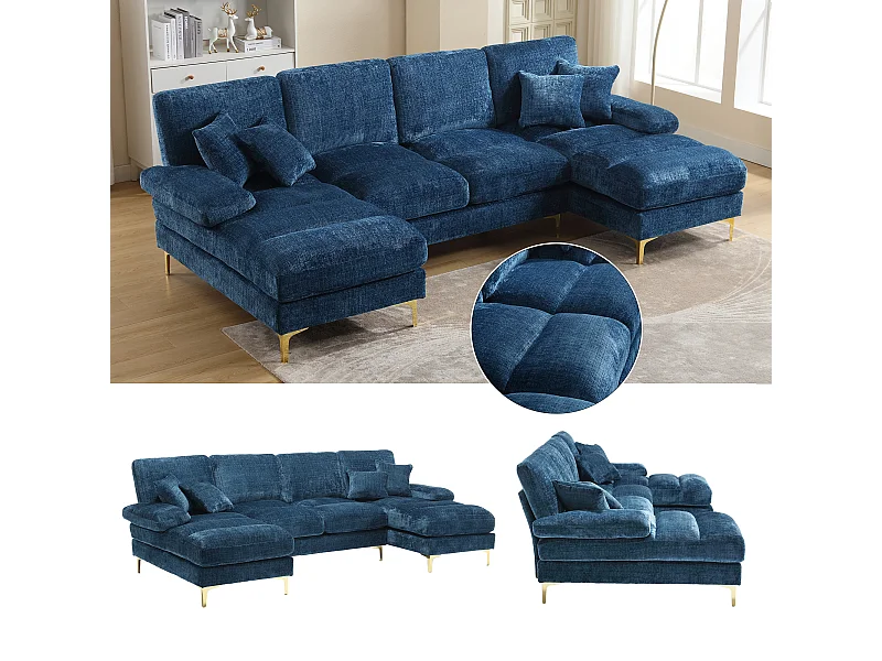 Canapé Sectionnel U-Shaped, Chenille, 4 places, avec positions inclinables, bleu (272x136x88 cm)