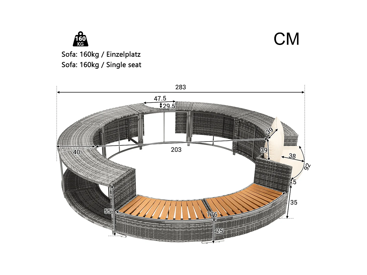 Canapé Lounge de Jardin avec Structure en Métal, Coussins Inclus, Rattan PE, pour Terrasse, Jardin et Piscine (283x203x55 cm)