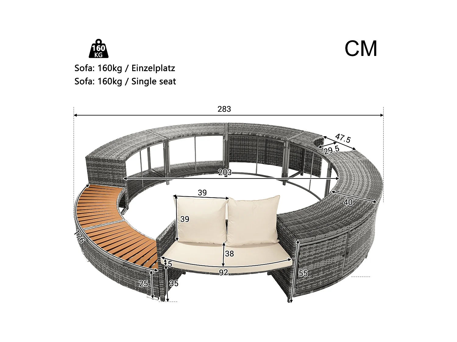 Canapé Lounge de Jardin avec Structure en Métal, Coussins Inclus, Rattan PE, pour Terrasse, Jardin et Piscine (283x203x55 cm)