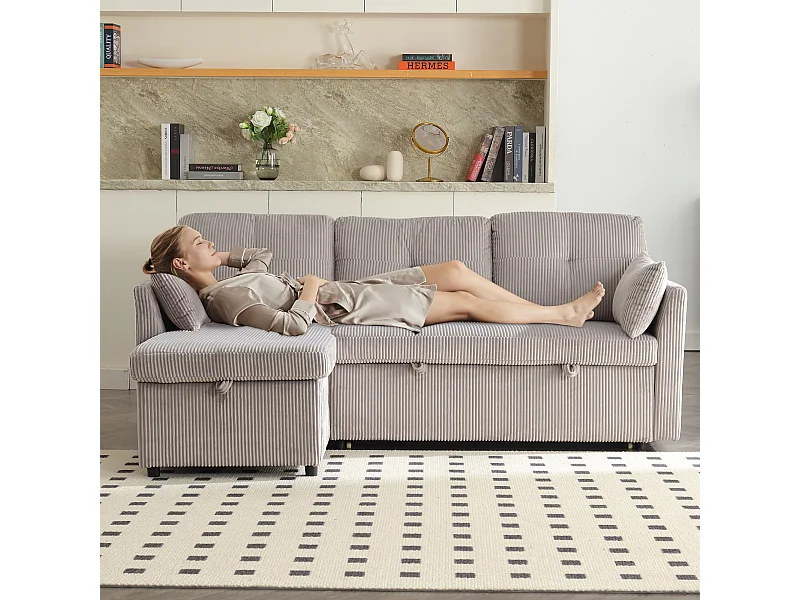 Sofá cama multifuncional con almacenaje, sofá esquinero modular, terciopelo, gris claro (206x130x66-88 cm)