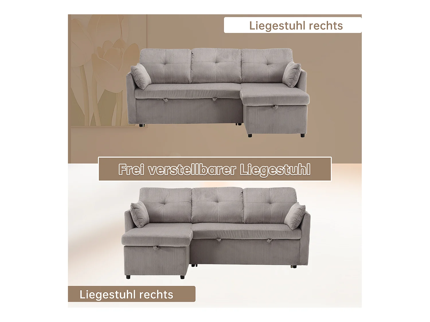 Canapé-lit multifonction avec rangement, canapé d'angle modulaire, velours, gris clair (206x130x66-88 cm)