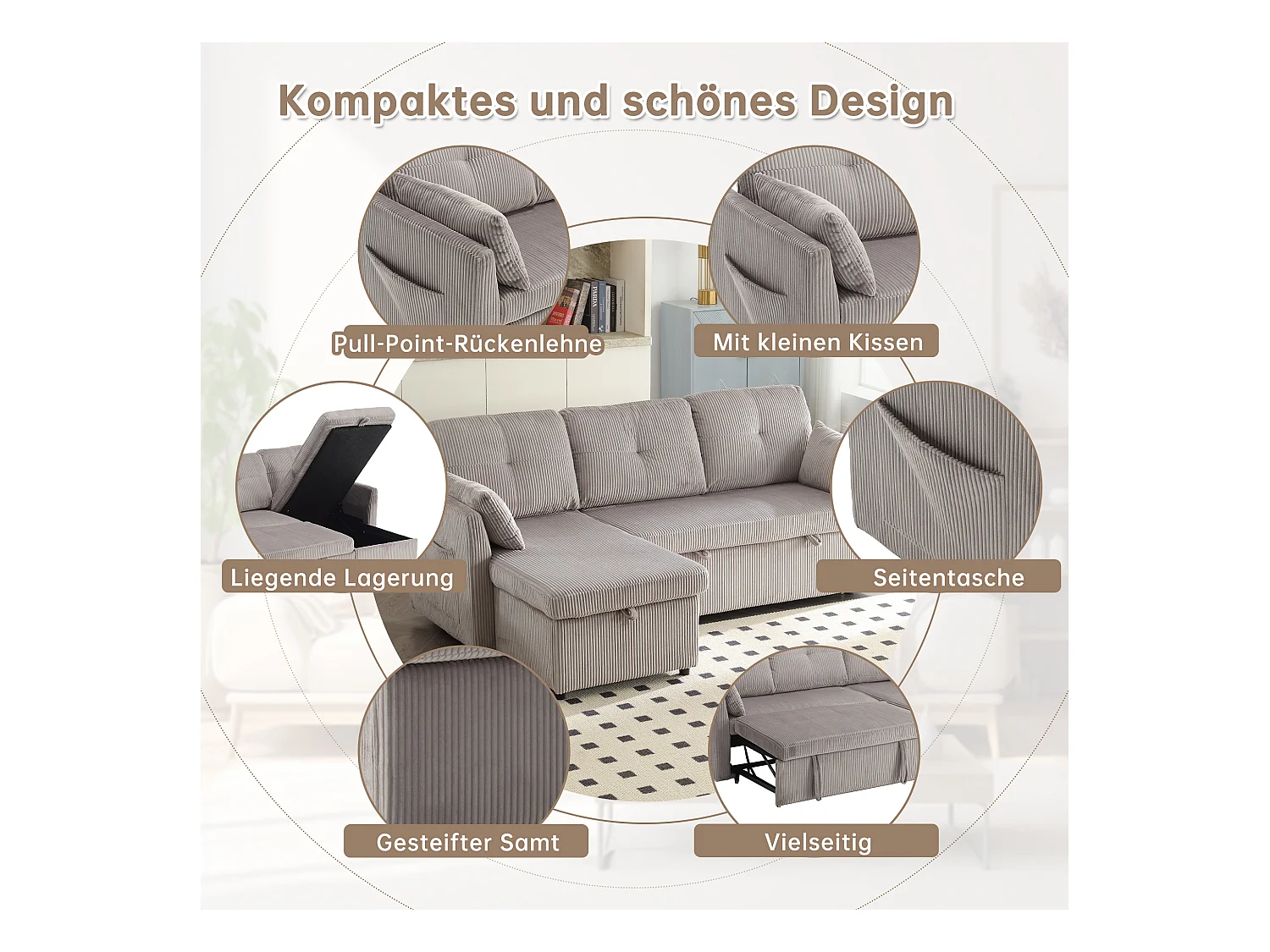 Canapé-lit multifonction avec rangement, canapé d'angle modulaire, velours, gris clair (206x130x66-88 cm)