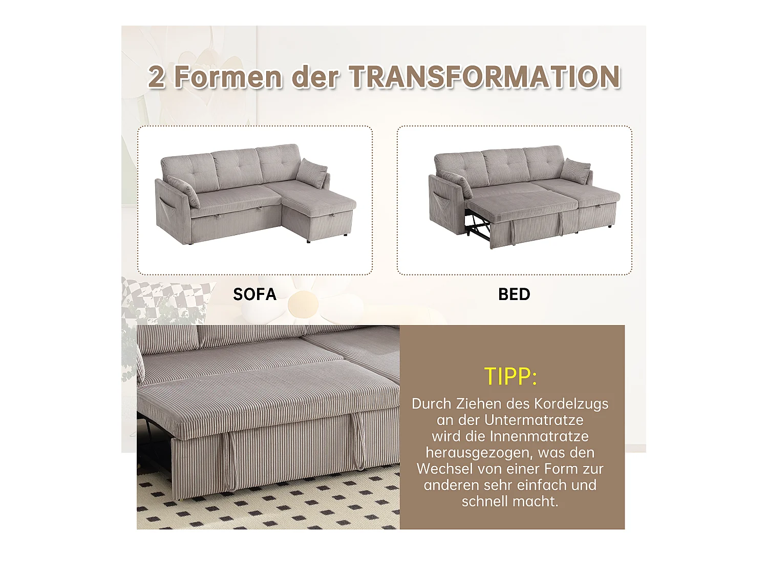 Canapé-lit multifonction avec rangement, canapé d'angle modulaire, velours, gris clair (206x130x66-88 cm)