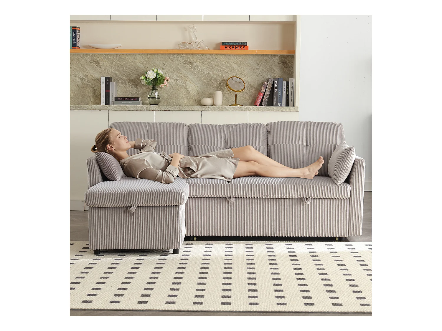 Multifunctionele slaapbank met opbergruimte, modulaire hoekbank, fluweel, lichtgrijs (206x130x66-88 cm)