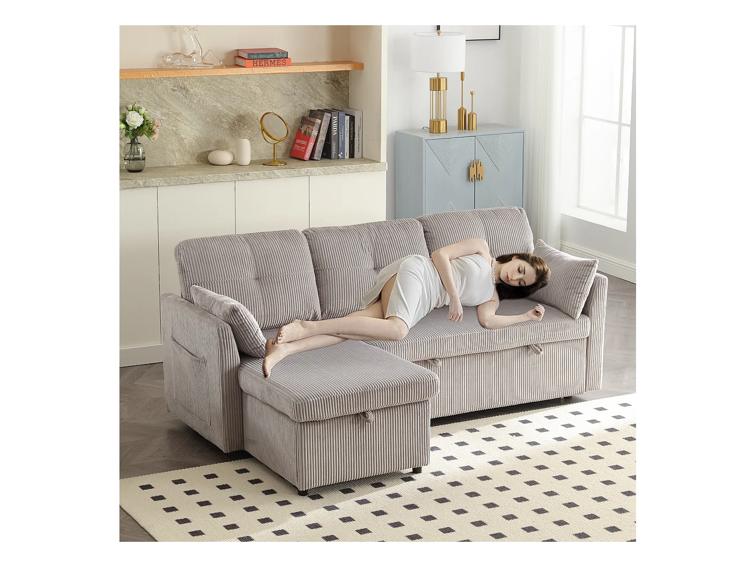 Canapé-lit multifonction avec rangement, canapé d'angle modulaire, velours, gris clair (206x130x66-88 cm)