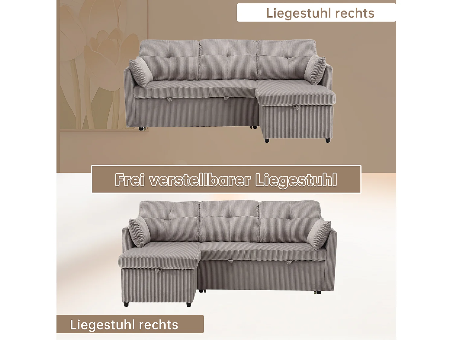 Sofá cama multifuncional con almacenaje, sofá esquinero modular, terciopelo, gris claro (206x130x66-88 cm)